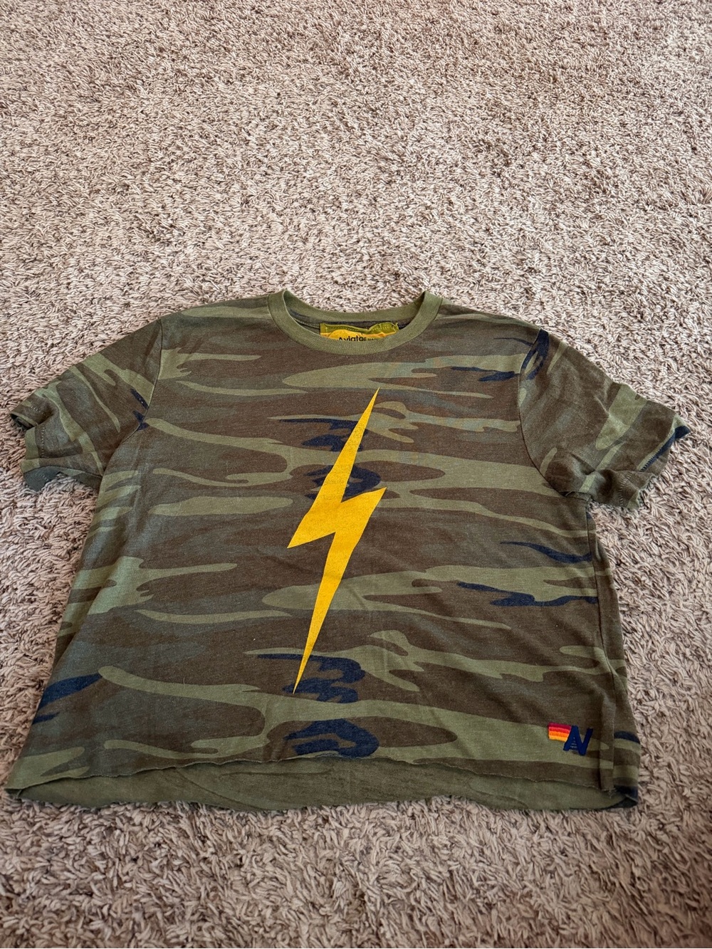 Aviator Nation Green Camo Tee with Yellow Lightning Bolt